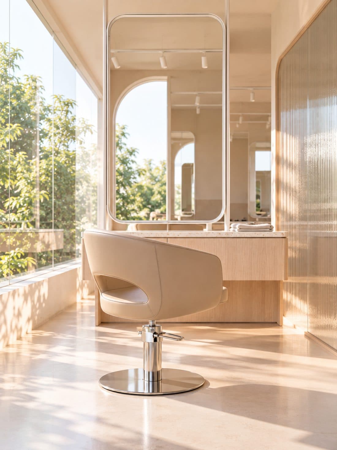 A KANSO styling chair on a terrazzo plinth, reeded glass behind