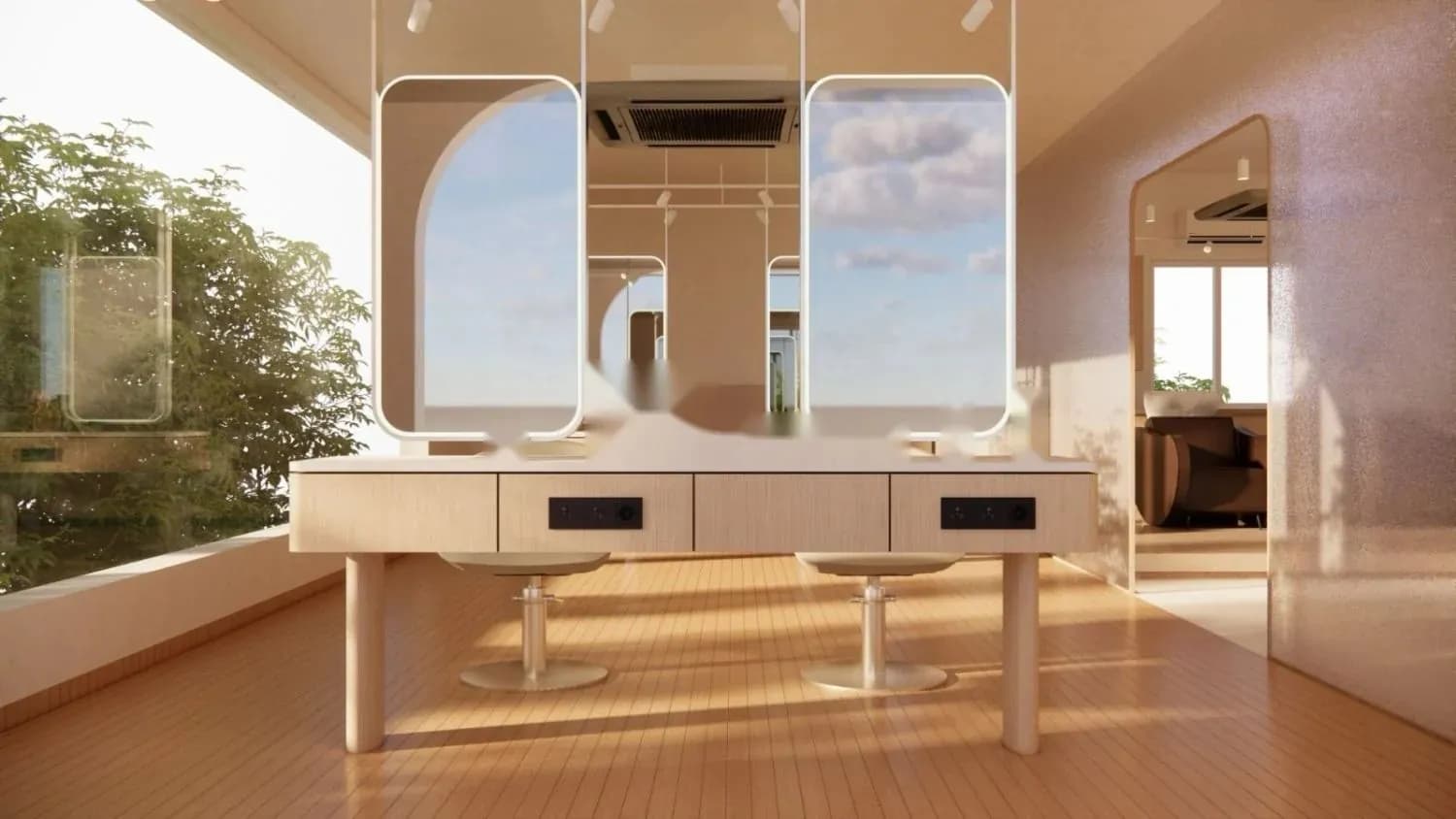 Sunlit KANSO styling floor with suspended mirrors and natural wood