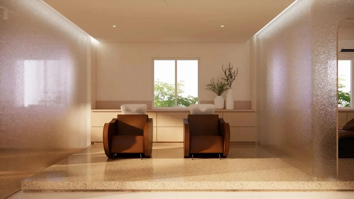 The KANSO wash area with two brown wash chairs