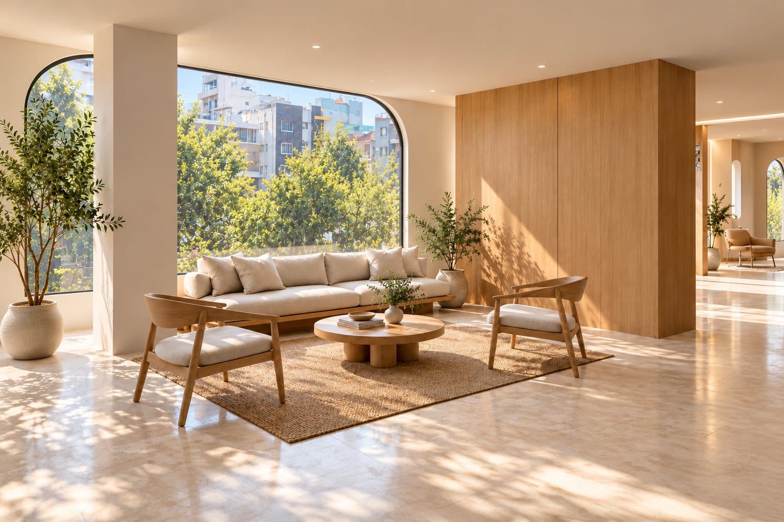 The Living Room at KANSO: a linen sofa and oak lounge chairs by an arched window, in afternoon light