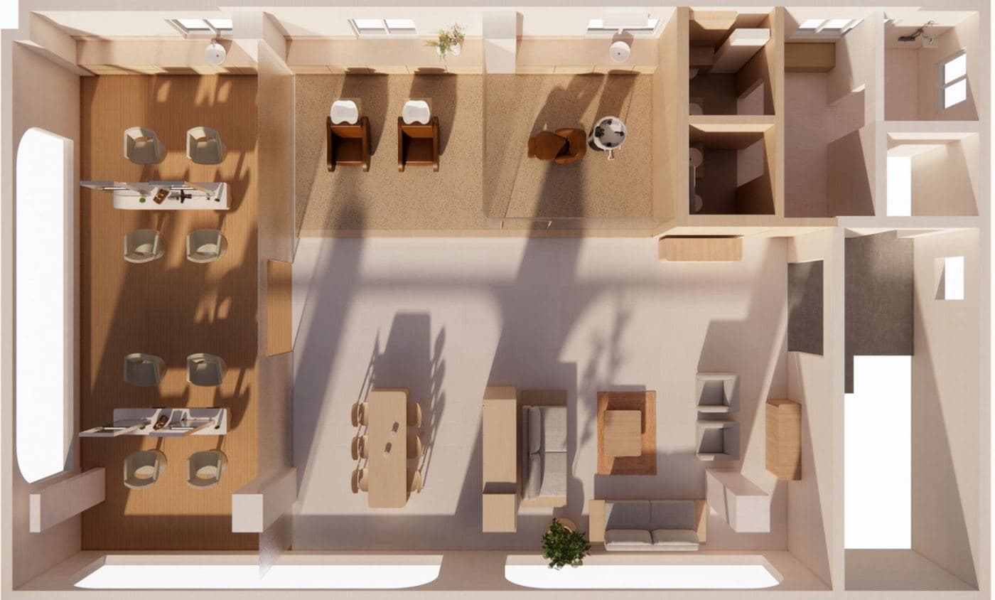 Top-down plan of KANSO HSR 22nd Cross: styling zone on the park side, wash and head spa along the top, living and dining in the centre, street windows along the bottom